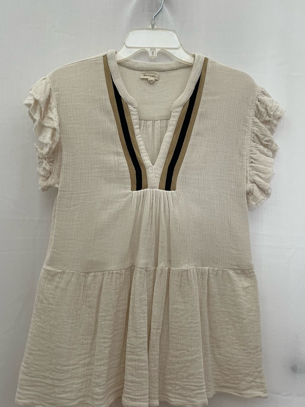 Cost Plus World Market Cream Gauze V-Neck Tunic with Black and Tan Trim